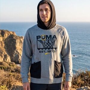 PUMA Gray and Black Hoodie with Logo. Size M